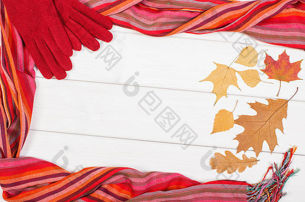 彩色披肩框架，妇女手套和木板上的秋叶，秋冬保暖衣物，文本空间