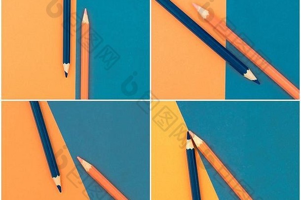橙色和深蓝色<strong>铅笔</strong>和纸的照片拼贴，抽象对比概念图像