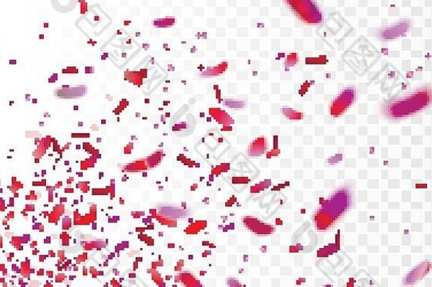 Stock vector插图真的粉红色五彩纸屑，在透明的格子背景上独立闪烁。节日背景。节日装饰金属丝元素的设计。EPS 10