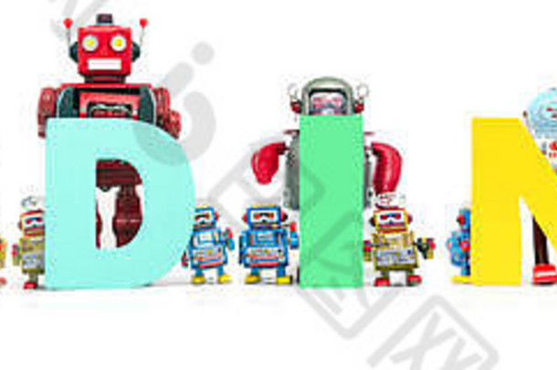 复古锡制机器人玩具将单词编码隔离在白色上