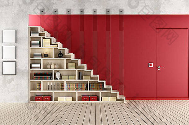 客厅有楼梯、<strong>书柜</strong>和门，与<strong>墙</strong>面齐平-粉刷