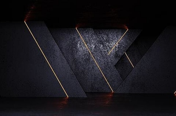 现代几何形状黑色、深色和灰色抽象水泥墙背景，人工橙色霓虹灯照明3d渲染插图