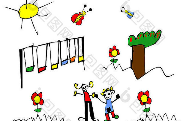 儿童手绘儿童春季户外活动插图。