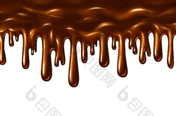 巧克力液体融化并倒下，滴下甜棕色糖浆，隔离在白色背景上，作为食品设计元素的象征。