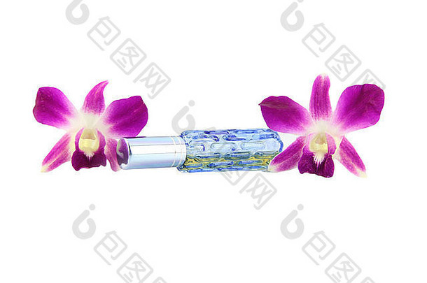 紫色的兰花蓝色的颜色香水瓶白色背景
