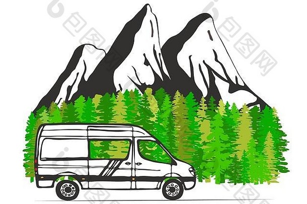 背景为森林和山脉的白色货车。生活，露营，旅行。插图