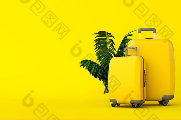 黄色的旅行手提箱热带棕榈树叶子呈现