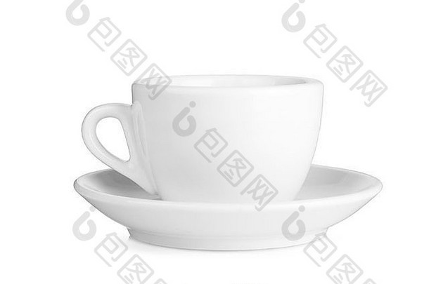 咖啡系列-带茶碟的白色小杯。在白色背景上隔离。