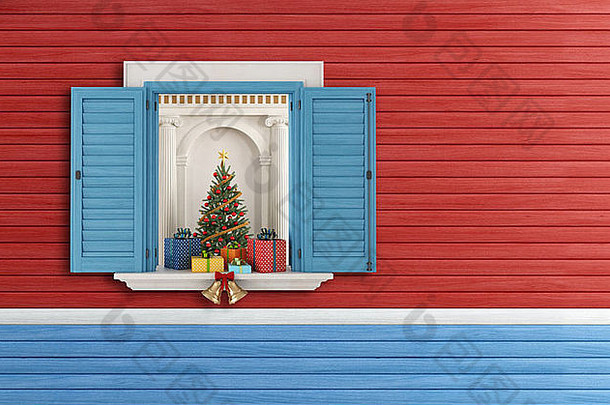 圣诞节树开放蓝色的窗口呈现