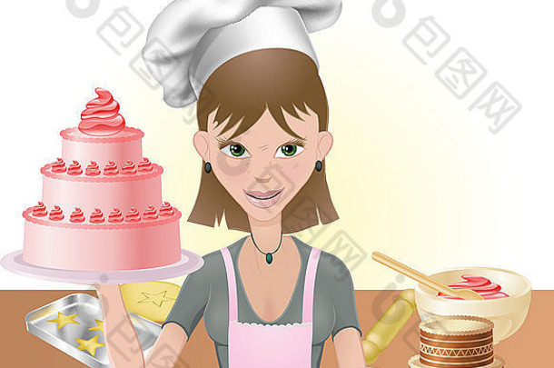 年轻漂亮的女人拿着两块蛋糕。一个粉色巧克力，带厨师帽和烘焙用具
