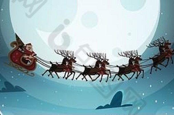 圣诞老人飞行雪橇驯鹿晚上天空城市快乐圣诞节快乐一年问候卡冬天假期概念横幅