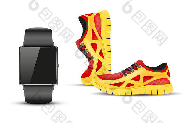 运动数码智能手表和运动鞋。