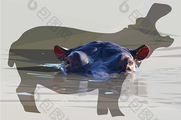 一只非洲河马淹没在水中的低多边形插图，形状为河马，背景为黑色