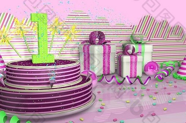 紫色圆形1岁生日蛋糕，在明亮的桌子上装饰着五颜六色的火花和粉色线条，上面有绿色的彩带、派对帽和粉色的礼盒