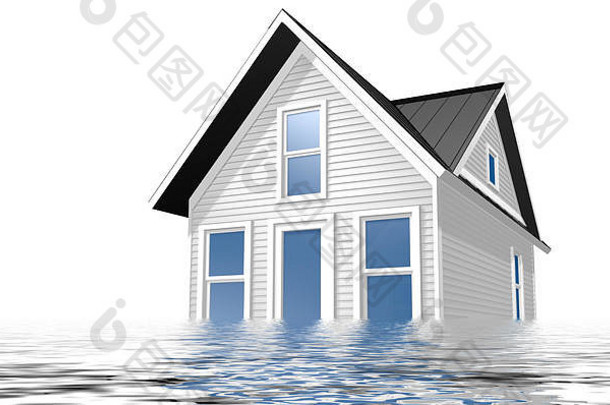 白色背景上房屋被水淹没的3d渲染插图。