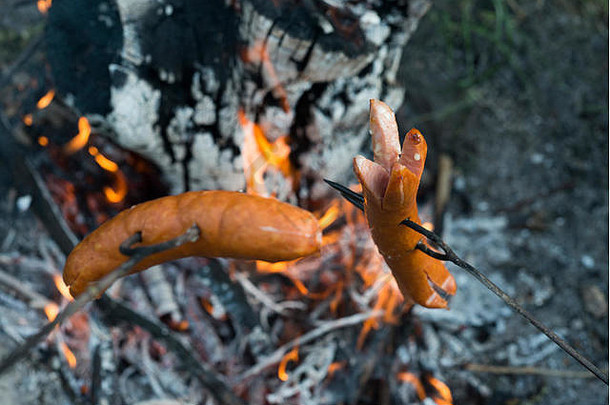 把香肠放在火上的棍子上。在营火上准备香肠