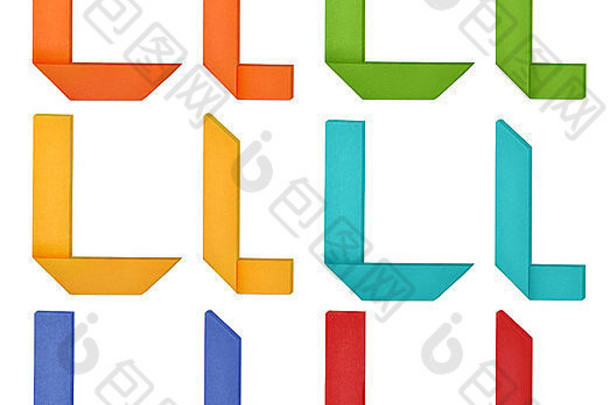 各种颜色的大写字母和小写字母L的集合。白色背景上的折纸字母。