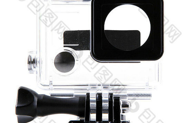 保加利亚艾托斯——2014年3月15日：HERO3 骨架外壳隔离在白色地板上。GoPro是一个<strong>高清</strong>个人电脑品牌