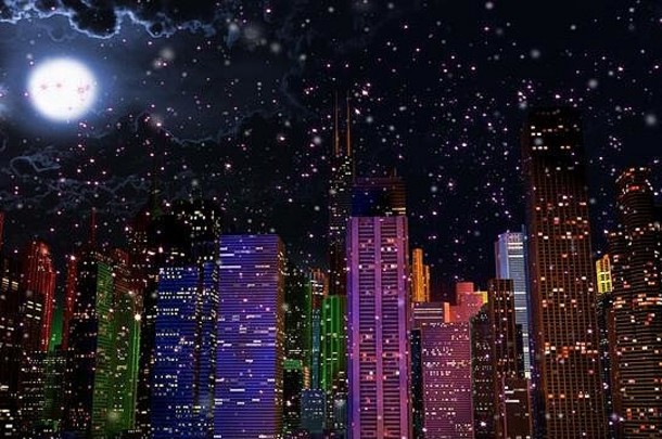 现代<strong>城市</strong>夜色灯光效果3D插图。概念到任何一个现代化的大<strong>城市</strong>都有着鲜明的除夕气氛。