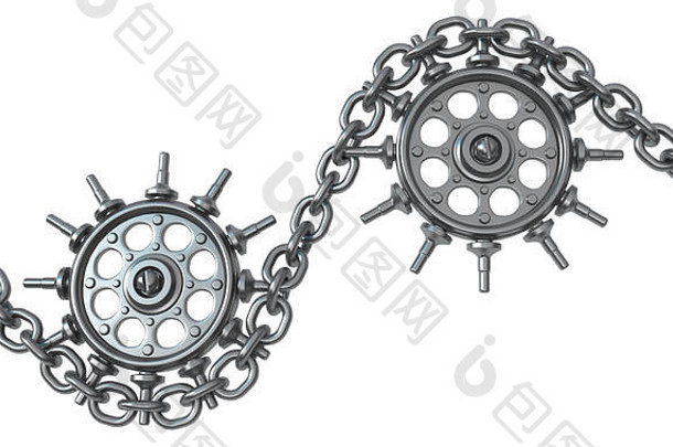 两个链条齿轮，深灰色金属3d插图，隔离，水平，超白