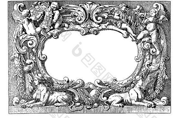 文艺复兴时期带有天使、徽章、狮身人面像和花环的装饰框架