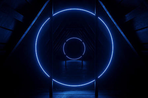 三角形屋顶走廊隧道霓虹灯圆形浅蓝色木质纹理暗夜舞台展示科幻未来主义木质3D渲染插图