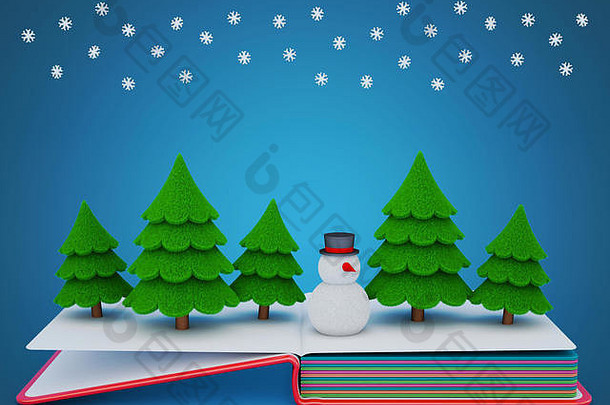 弹出一本有毛毡雪人和冷杉树的书。三维渲染
