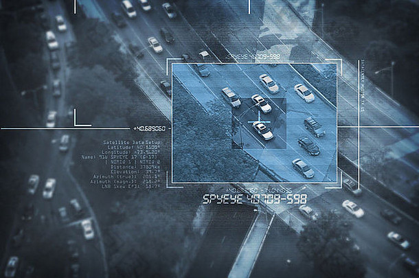 间谍卫星数字鸟眼睛视图搜索可疑的车下午上下班数字间谍针对主题监测