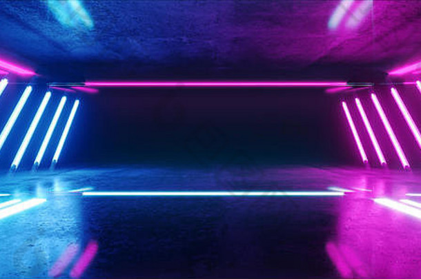 sci未来主义的外星人复古的虚拟现实霓虹灯发光的荧光紫色的蓝色的充满活力的行灯refelctive难看的东西混凝土光滑的房间阶段