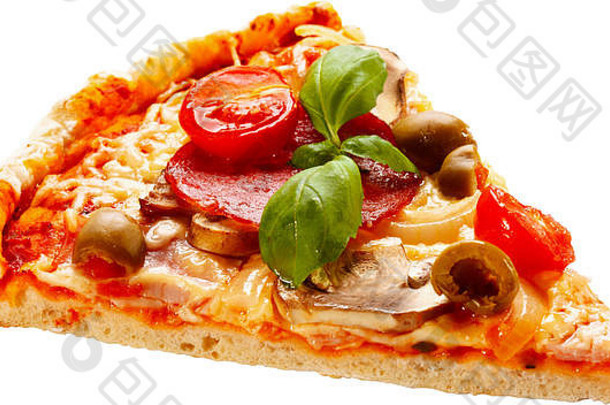 热大意大利辣香肠披萨美味的披萨作文融化奶酪培根西红柿他红辣椒蒸汽烟白色背景