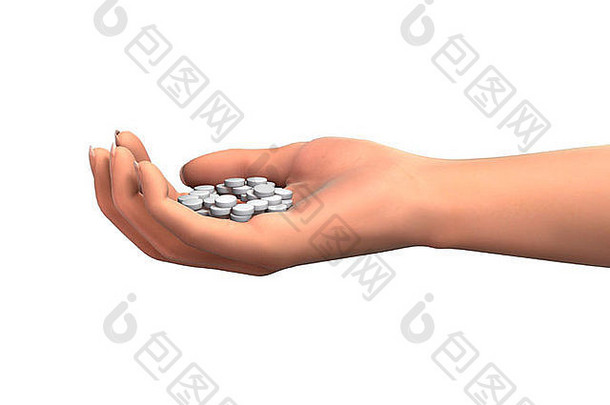 在白色背景上隔离的人手持药丸的3D数字渲染