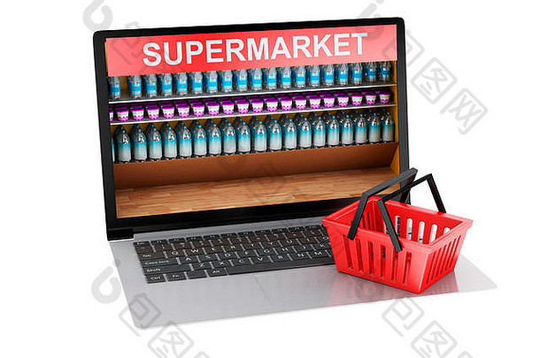 3d渲染器图像。网上杂货购物市场和购物车。网上购物的概念。孤立的白色背景。