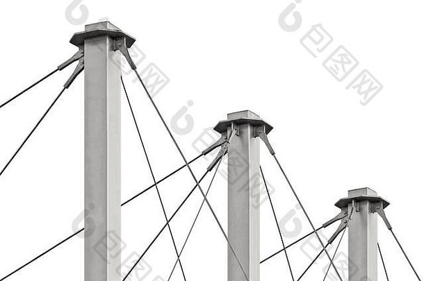 系紧悬挂屋顶电缆、三根高大的灰色隔离桅杆、灰色电缆悬挂俯冲式屋顶塔架锚、大型详图