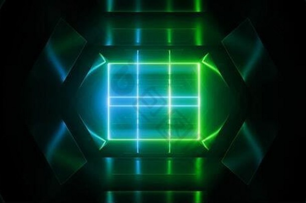 霓虹灯激光科幻未来外星飞船金属反射走廊隧道矩形框架发光绿蓝色赛博合成仓库地下车库