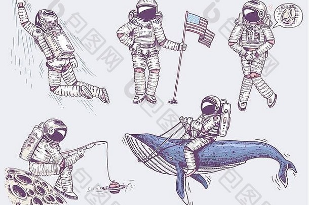 集合飙升的宇航员集宇航员空间舞者音乐家冒险星系刻手画流行艺术漫画草图