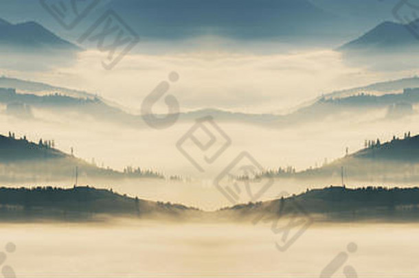 轮廓山秋天早....喀尔巴阡山脉的山多雾的黎明