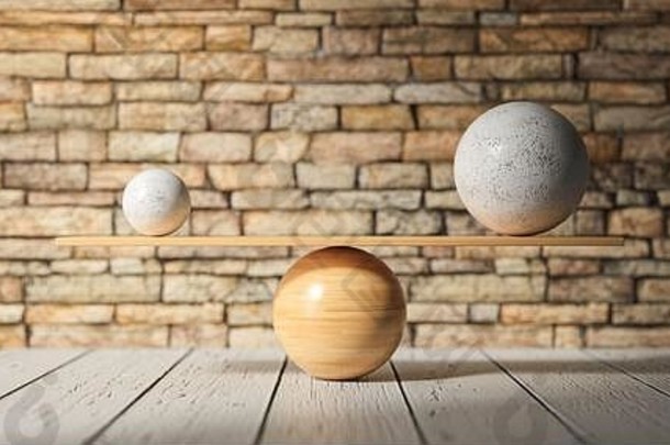 木地板砖<strong>墙</strong>前平衡一个大球和一个小球的木秤-3D渲染插图