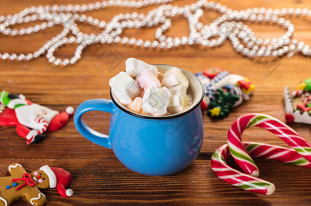 一杯加棉花糖的可可。圣诞节和新年假期的概念。