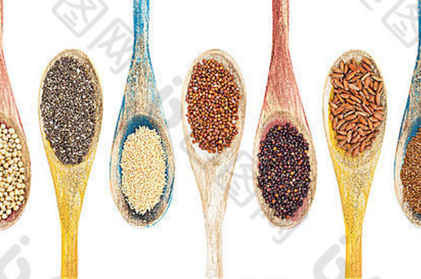 集合谷蛋白免费的谷物种子孤立的木勺子能高粱传讲苋属植物红色的藜麦黑色的奎诺