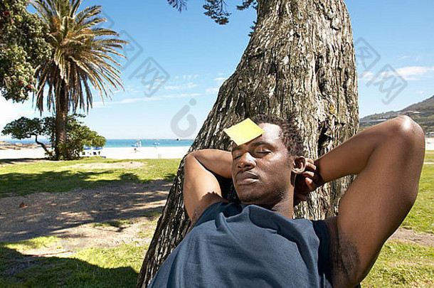 非洲男人靠着一棵树睡觉，头上戴着一张<strong>不干胶</strong>的纸条