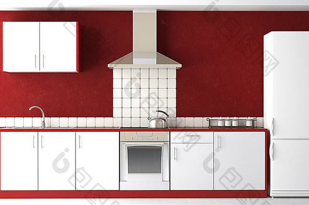 洁净现代红白厨房的室内设计