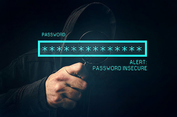 密码不安全警报、无法识别的计算机黑客窃取个人数据、互联网网络犯罪概念。