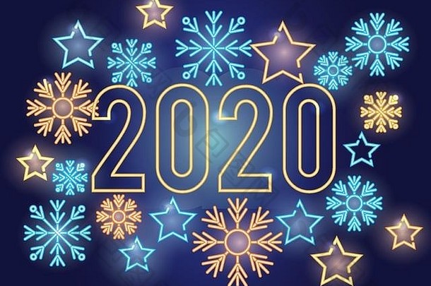 新年快乐<strong>2020</strong>雪花霓虹灯