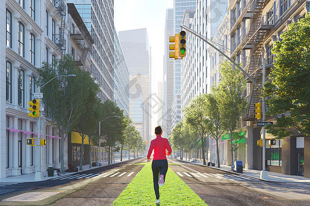 一位年轻女子独自在城市街道上的绿色地带慢跑。三维渲染