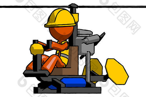 橙色建筑工人承包人在旋翼直升机正面角视图中飞行。