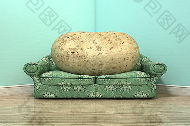 一个土豆坐在一个老式沙发上的文字描述，在一个有灯光的空房间的角落里有一个花织物