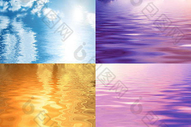 四幅五彩缤纷的山水画，倒映在水中的天空