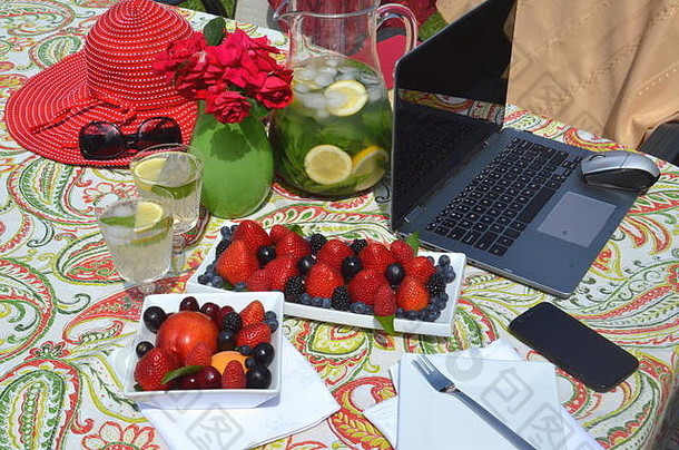 <strong>夏日</strong>花园派对、食物、水果和清新的<strong>柠檬水</strong>摆在一张摆放精美的桌子上