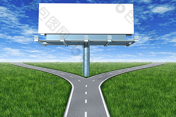 在户外展示的广告牌上展示了十字路口，草地和蓝天显示了一个路口，代表了交通的概念