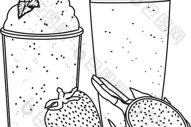 黑白色热带水果和冰沙饮料